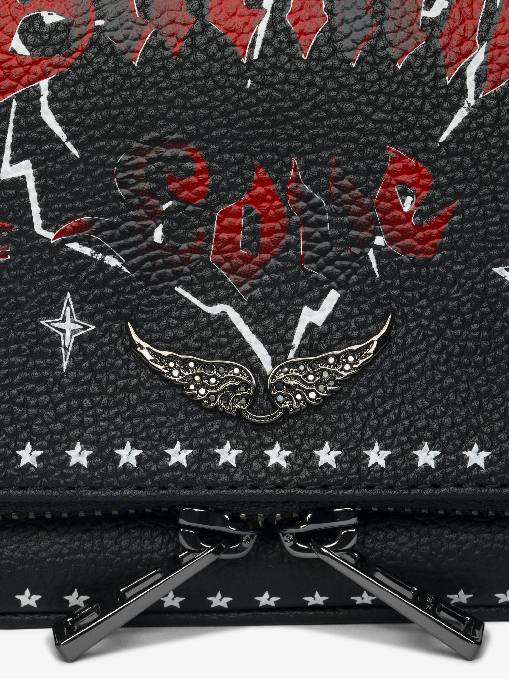 Rock Nano Punk Clutch - Punk grained leather clutch with double leather and metal chains and rhinestone-embellished wings.
